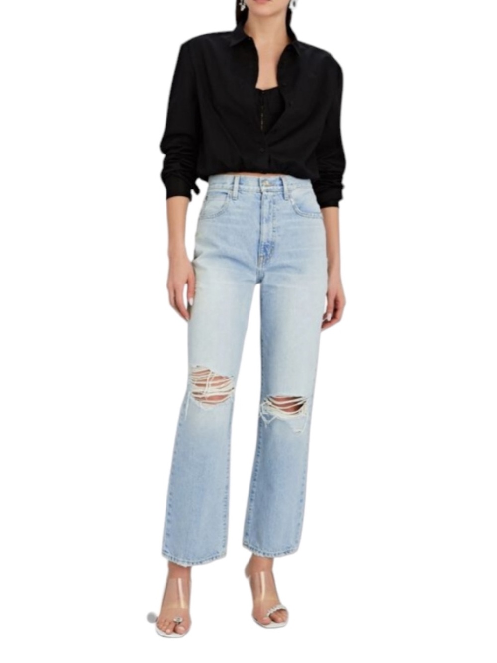 SLVRLAKE London Crop High Rise Distressed Jeans Broken Dreams Size 26